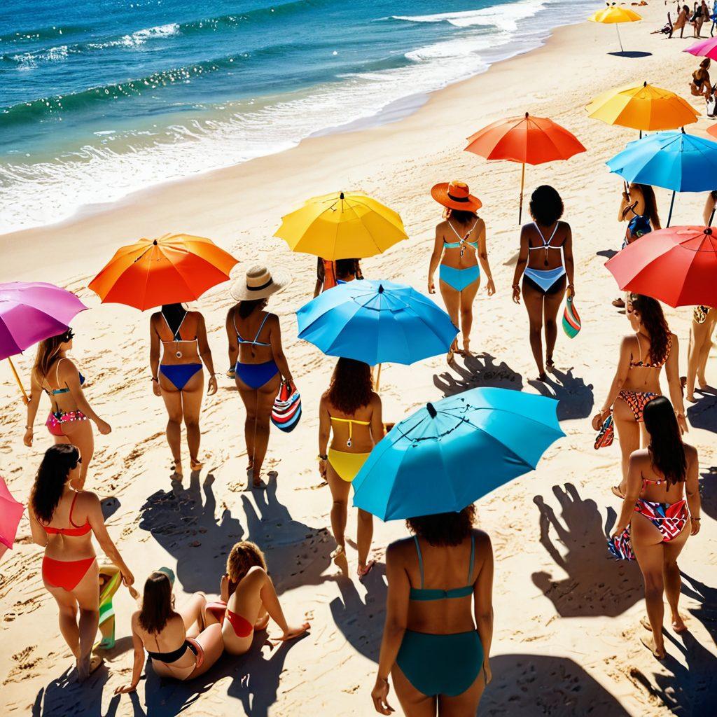 A stylish beach scene featuring diverse models showcasing the latest swimwear trends, vibrant beach umbrellas in the background, golden sand, and sparkling ocean waves. The focus is on unique patterns and colors of the swimwear, with accessories like sunglasses and beach hats adding flair. Sunlight bathes the scene in a warm glow, creating a lively atmosphere that embodies summer fun. super-realistic. vibrant colors. 3D.